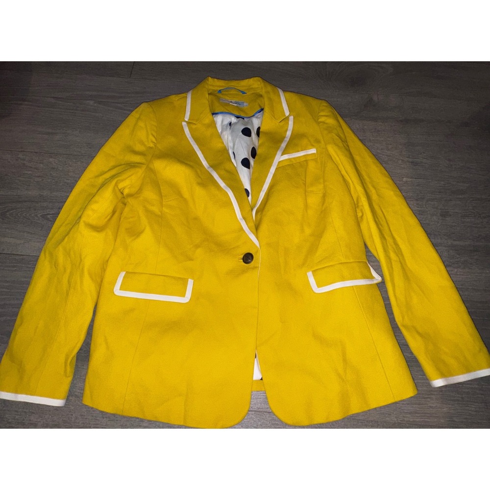Boden Yellow Cotton Blazer White Contrast Piping Polka Dot Lining Size 14R - Picture 2 of 5